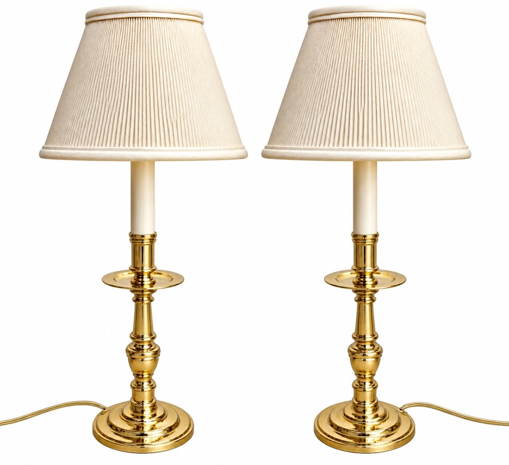 A Pair of Vintage André Patterson Brass Candlestick Table Lamp - Gold / Brass /